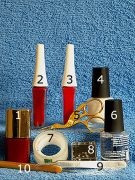 Products for nail decor in red with strass stone - Nail polish, Nail art liner, Strass stones, Spot-Swirl, Clear nail polish